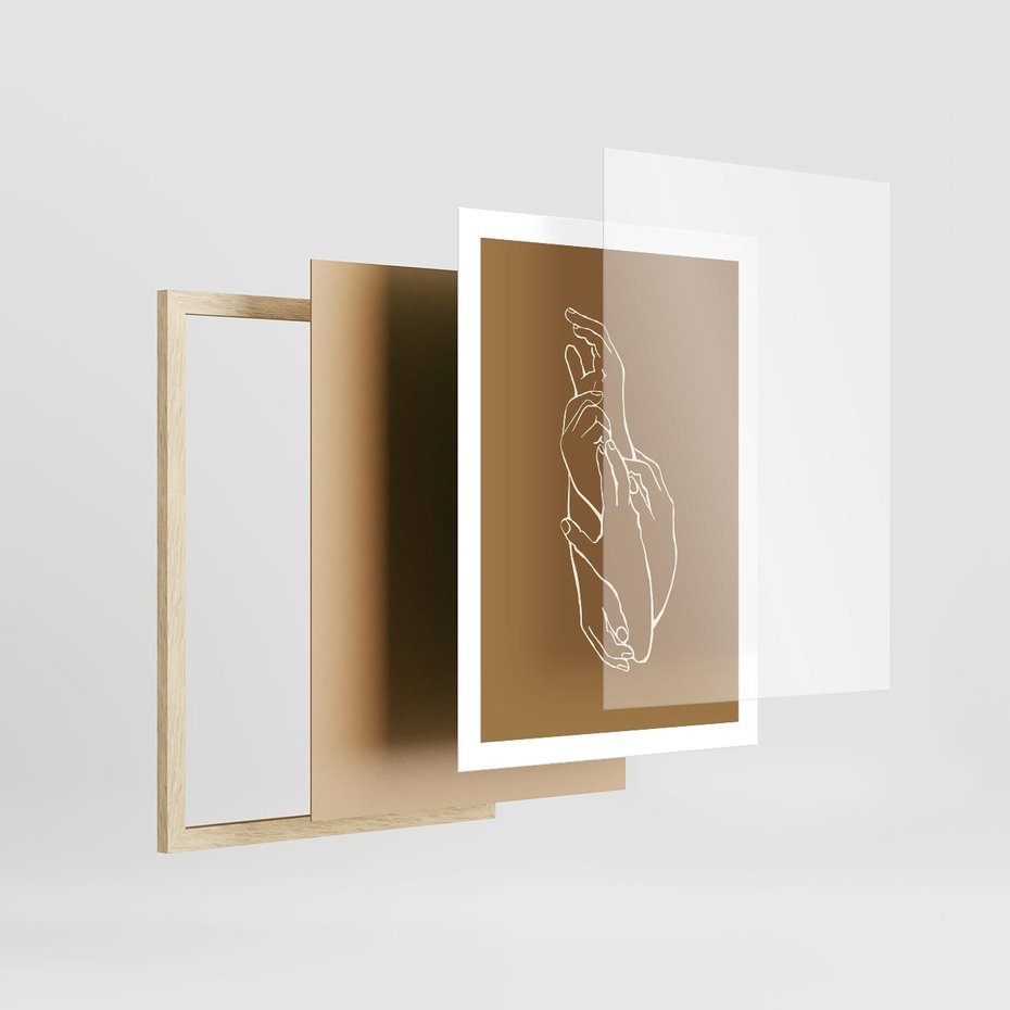 Plakat w ramie 50x70 - Splecione Dłonie - szkic, minimalizm - rama drewno
