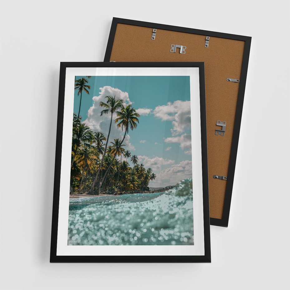 Plakat w ramie 50x70 - Rajskie Wakacje - plaża, palmy - rama czarna