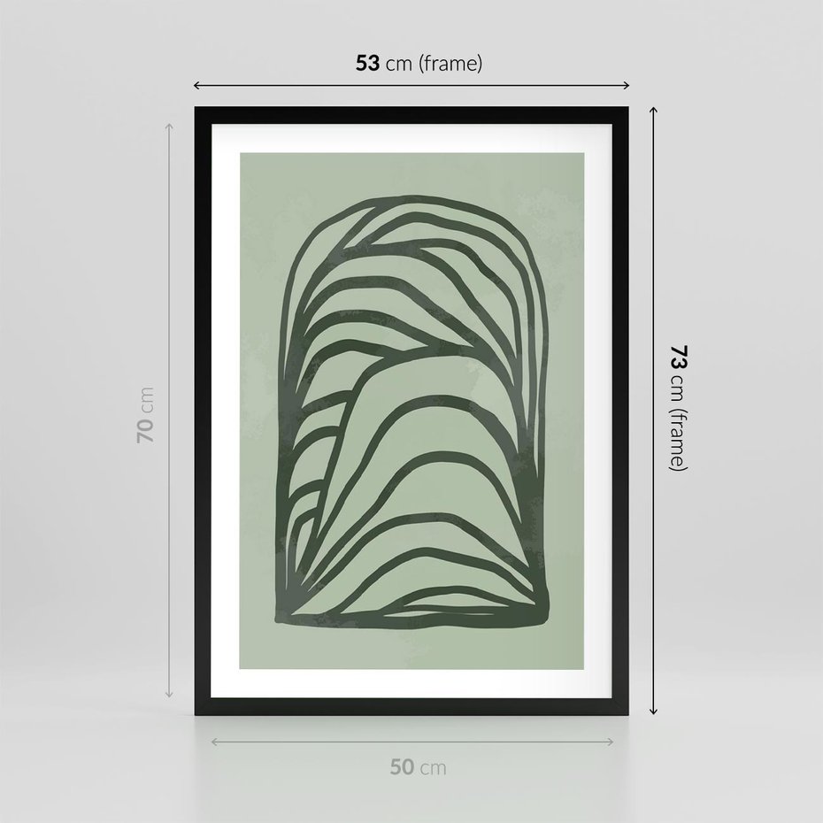 Plakat w ramie 50x70 - Zielonkawy Uścisk Natury - abstrakcyjny zielony motyw, skandynawski design - rama czarna