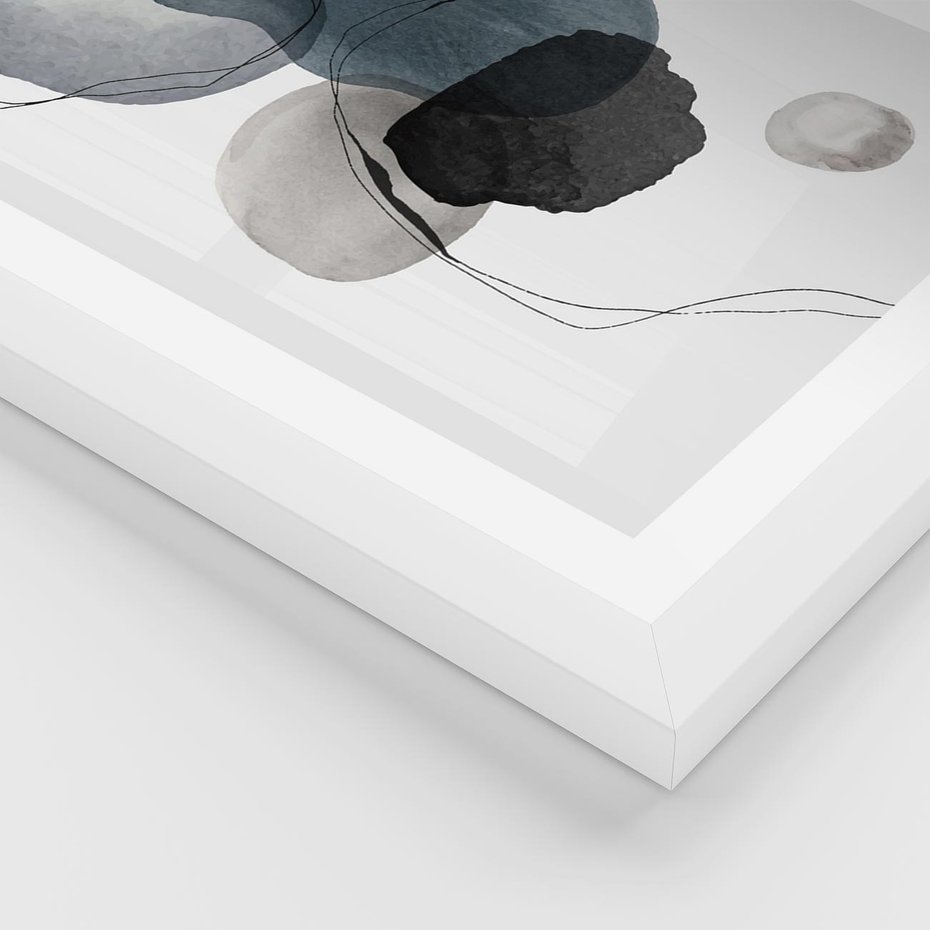 Plakat w ramie 40x50 - Wibracje Kształtów - abstrakcyjne plamy akwarelowe, czarny szkic - rama biała