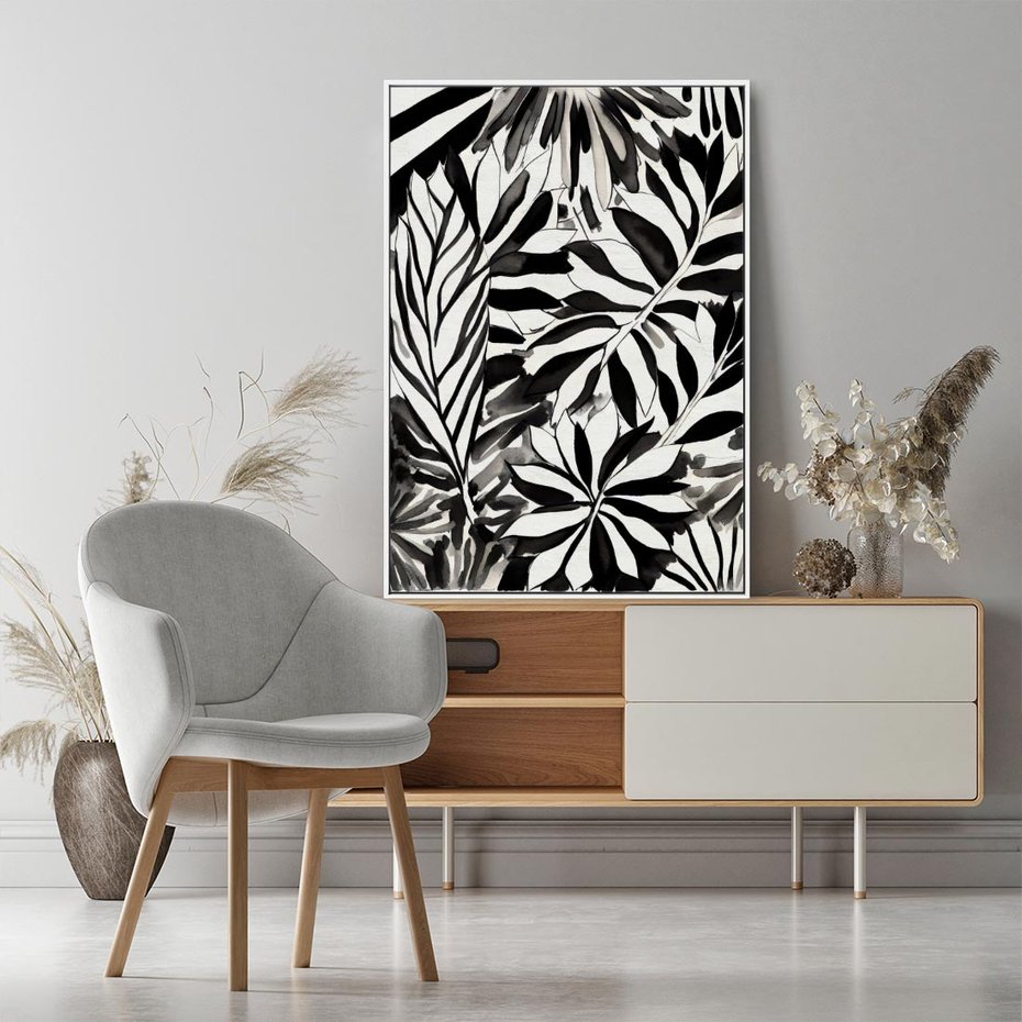 Obraz w ramie 50x70 - Czarne Liście - akwarelowy obraz, czarno biały - rama biała