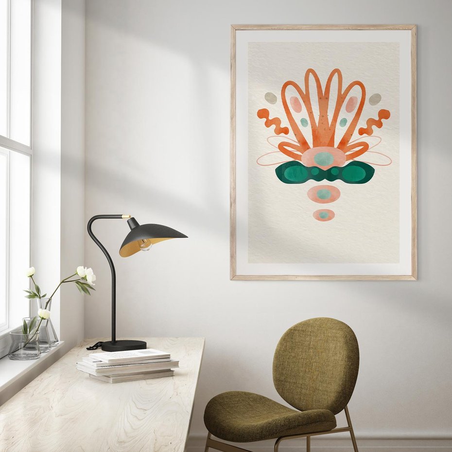 Plakat w ramie 30x40 - Harmonia Nienormalności - akwarelowe abstrakcyjne kształty, zieleń i pomarańcz - rama drewno