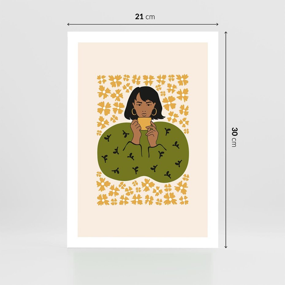 Plakat bez ramy 21x30 - Wewnętrzne Fale - nowoczesny plakat, kobieta otoczona liśćmi