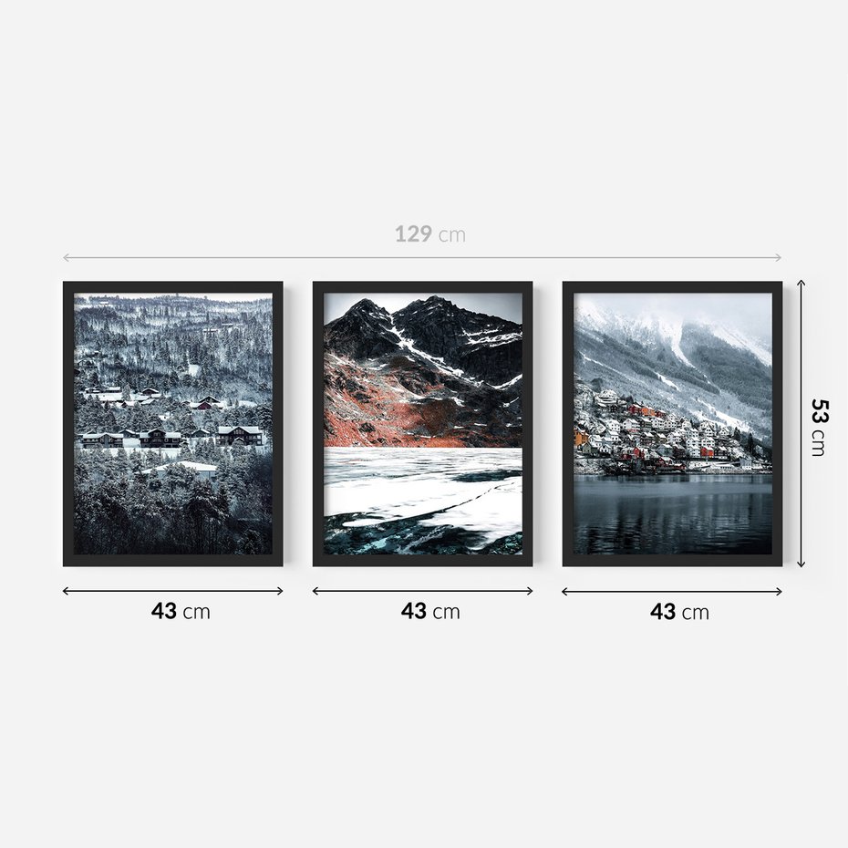 Zestaw obrazy w ramie 40x50 galeria - Norweskie, domki, góry, zima - rama czarna