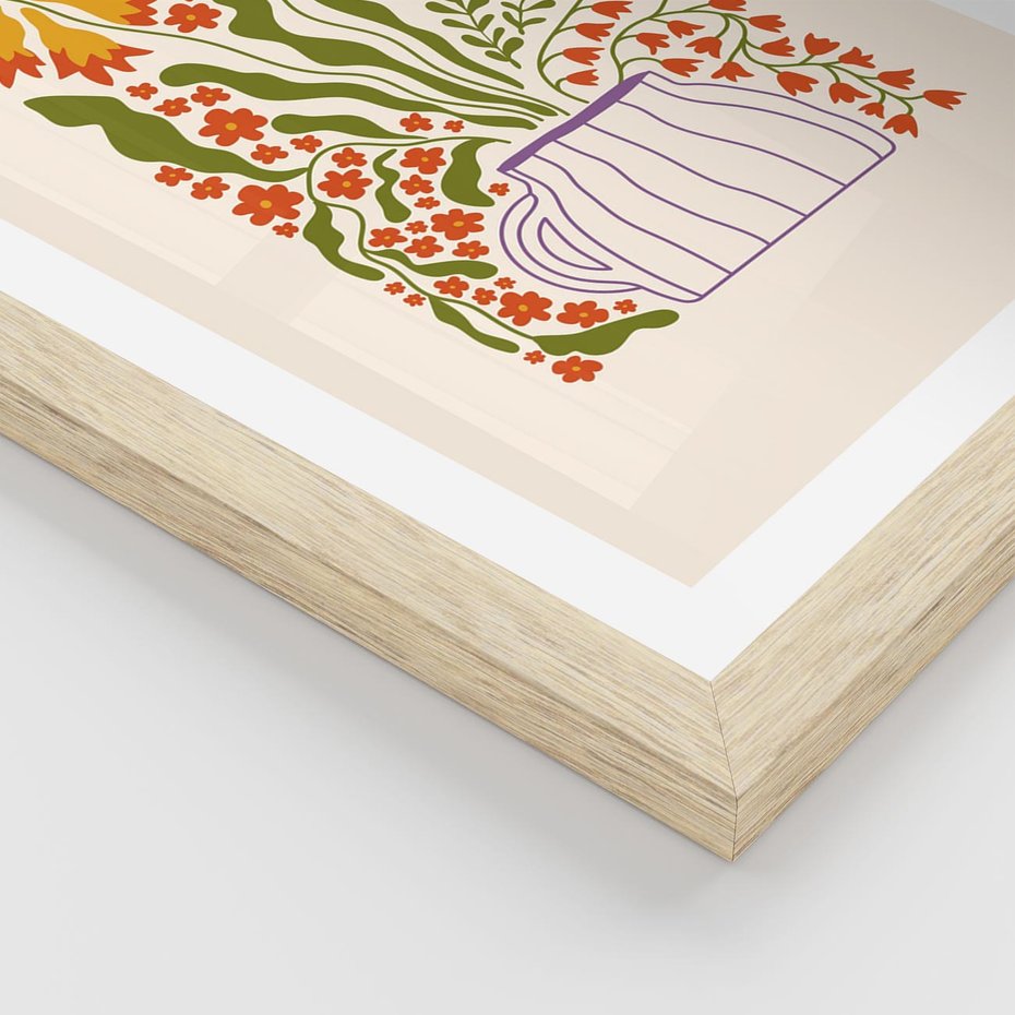 Plakat w ramie 50x70 - Świeżość Kwiatów - kwiaty w wazonie, minimalistyczna kompozycja - rama drewno