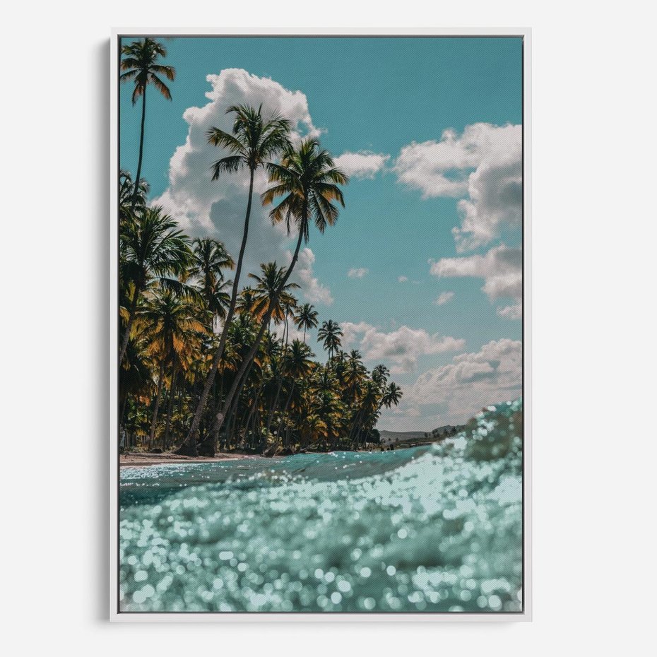 Obraz w ramie 70x100 - Rajskie Wakacje - plaża, palmy - rama biała