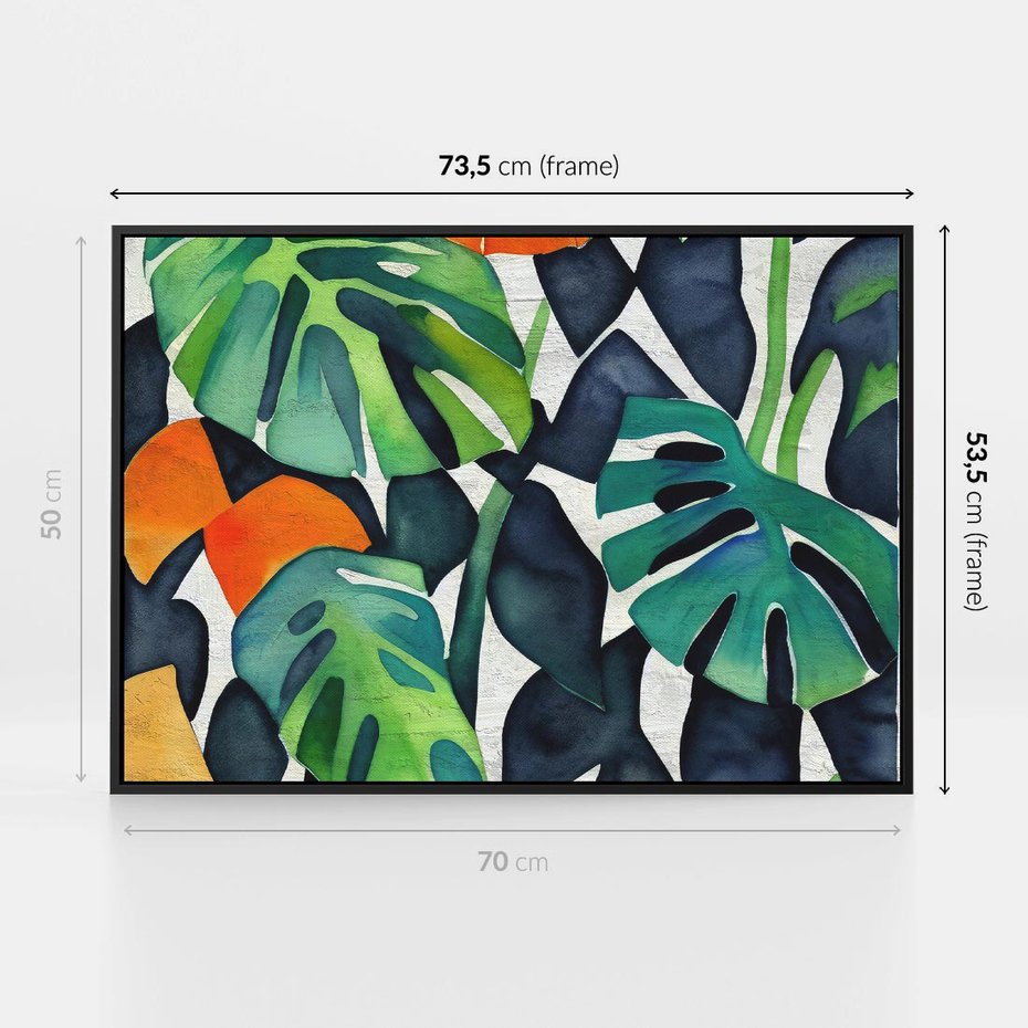 Obraz w ramie 70x50 - Tropikalne Pragnienia - akwarela, liście tropikalne - rama czarna