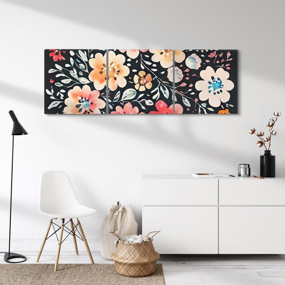 Obraz na płótnie 150x50 - Labirynty melancholii - akwarelowe, pastelowe kwiaty na czarnym tle