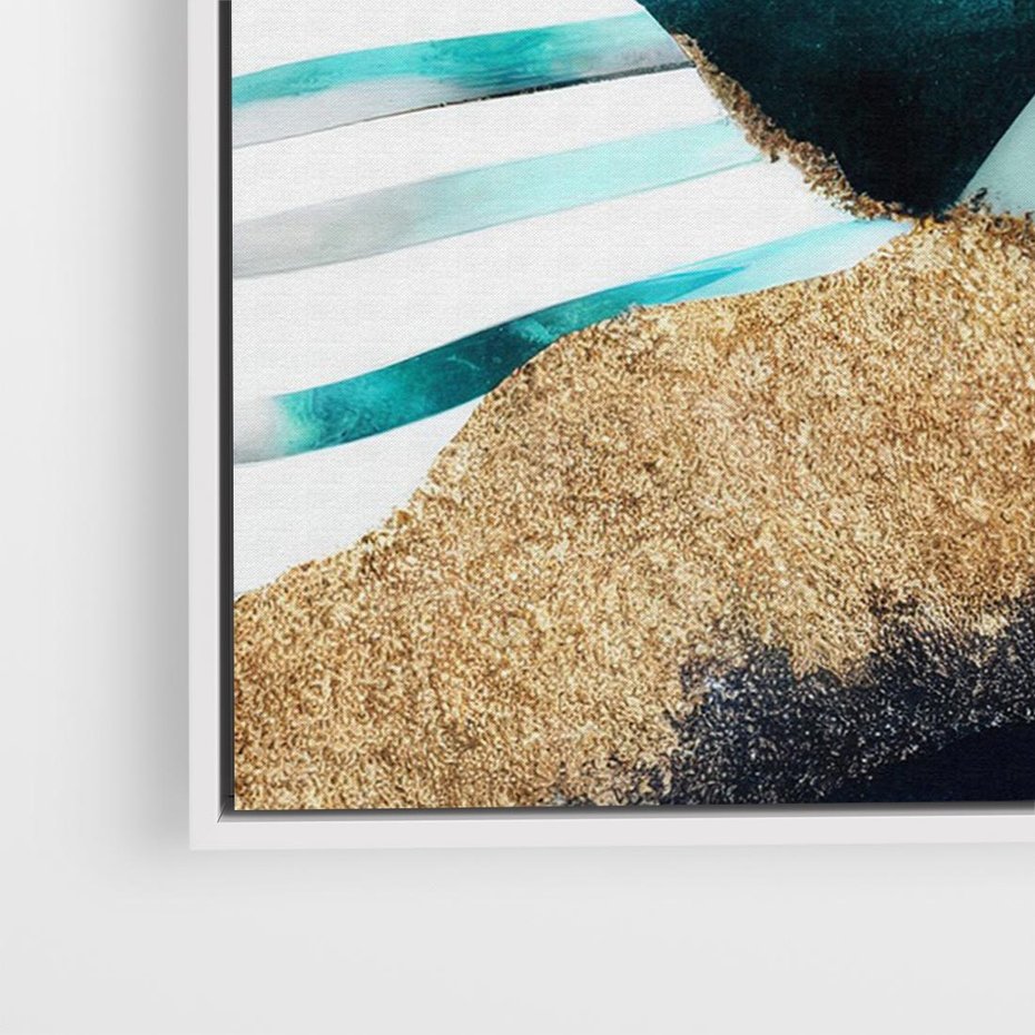 Obraz w ramie 100x70 - Rozlane Turkusy - Turkusowe plamy, złote elementy - rama biała