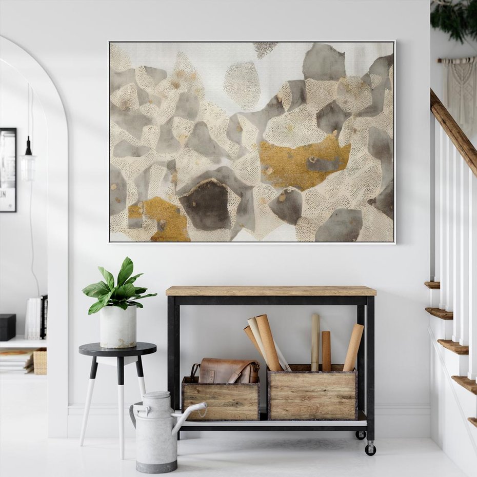 Obraz w ramie 100x70 - Nowoczesne Złoto i Szarość - plamy, złoto - rama biała