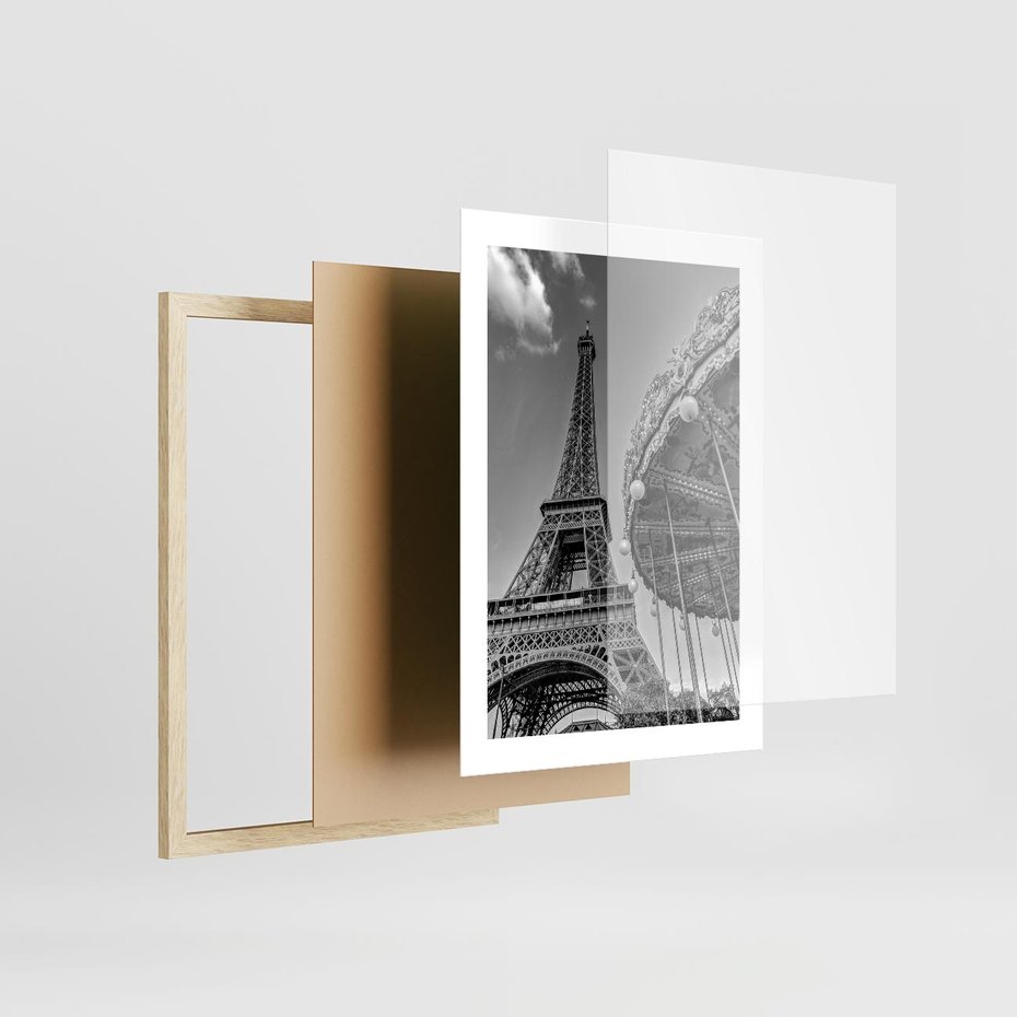 Plakat w ramie 30x40 - Zabawa w Paryżu - czarno białe zdjecie, wieża eiffla - rama drewno
