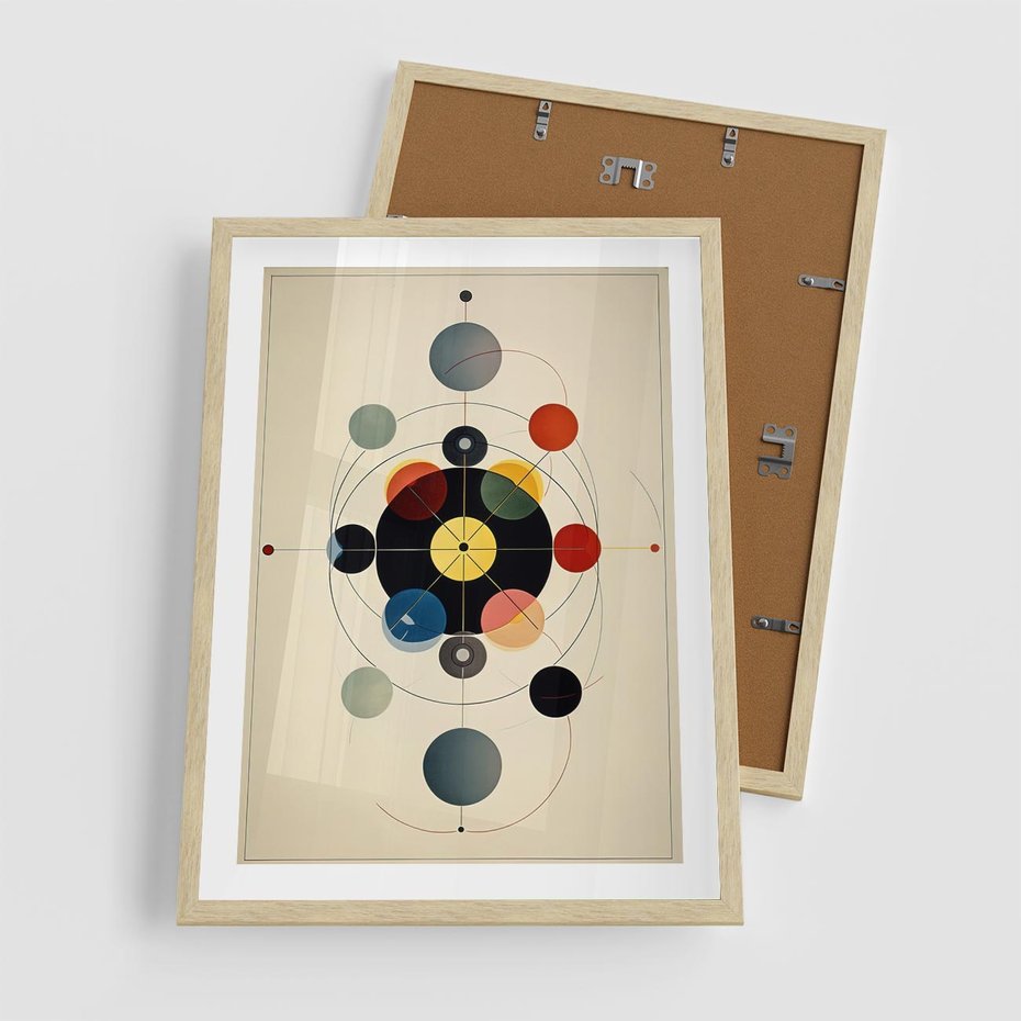 Plakat w ramie 50x70 - Bezgraniczny Taniec Światła - abstrakcyjna geometryczna kompozycja, koła linie - rama drewno