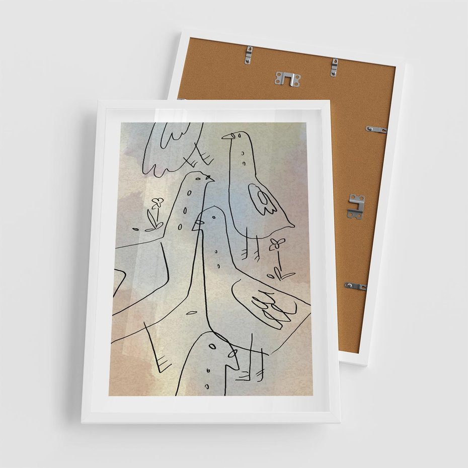 Plakat w ramie 50x70 - Strukturalna Gromada - abstrakcyjny plakat, szkic ptaków - rama biała