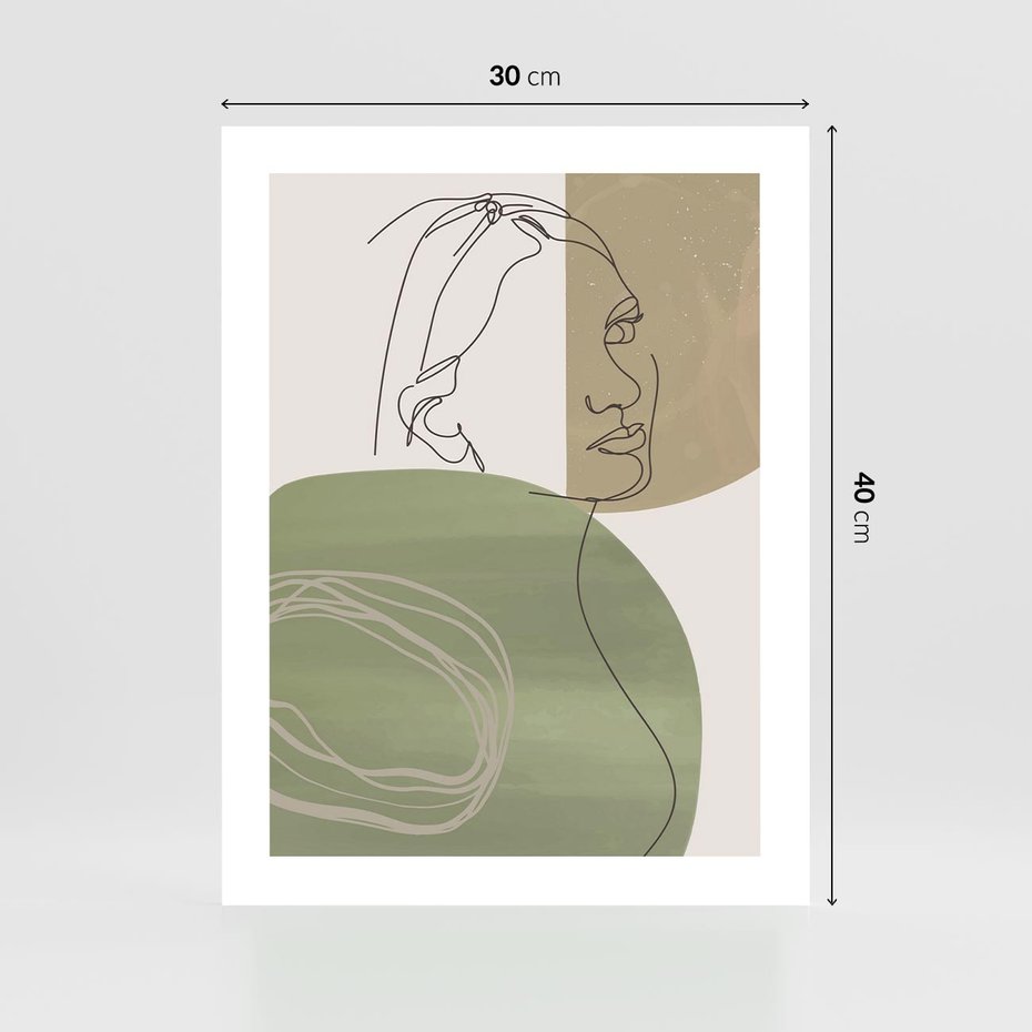 Plakat bez ramy 30x40 - Jedna Linia, Wiele Emocji - akwarelowe plamy, na nich szkic postaci kobiety jedną linią