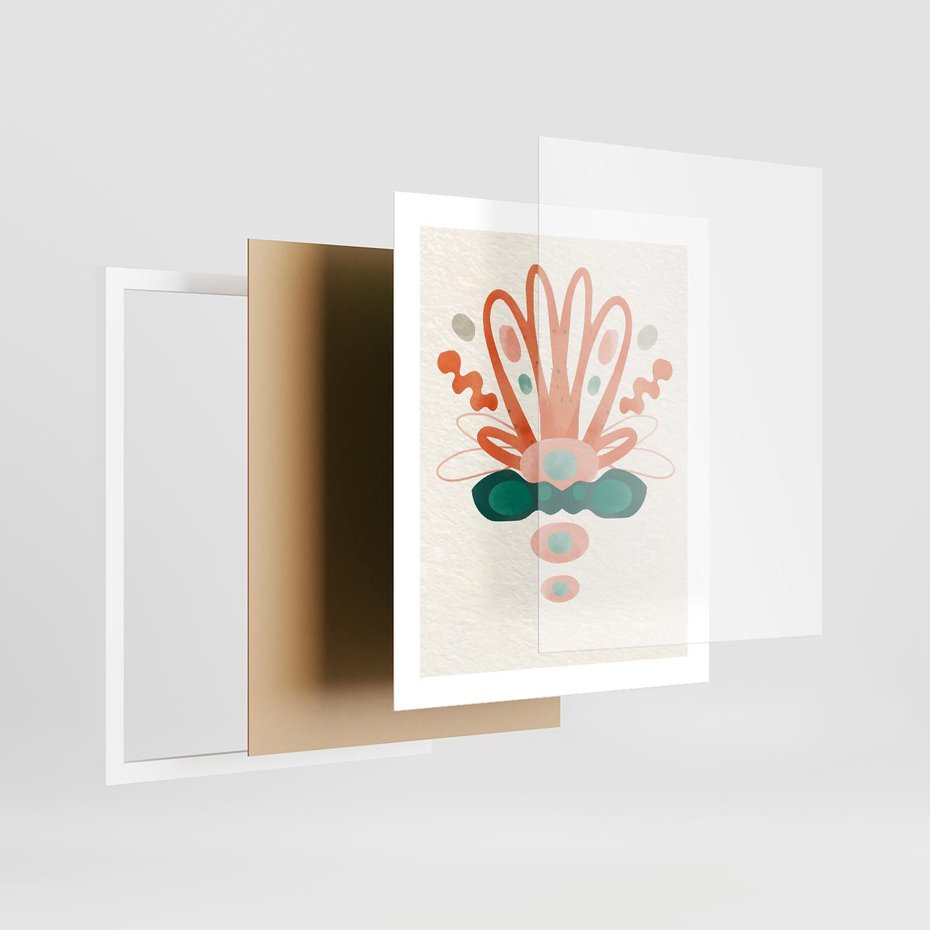 Plakat w ramie 40x50 - Harmonia Nienormalności - akwarelowe abstrakcyjne kształty, zieleń i pomarańcz - rama biała