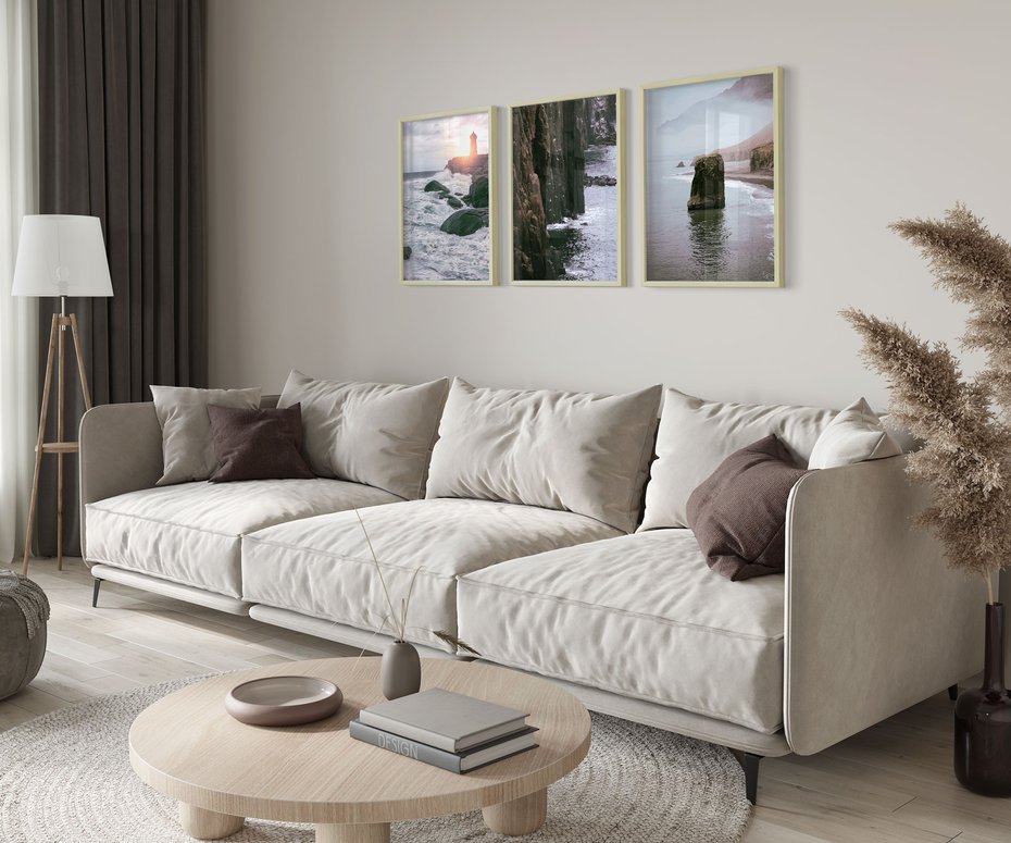 Zestaw obrazy w ramie 30x40 galeria - Morze, fale, latarnia, morska, zachód - rama drewno