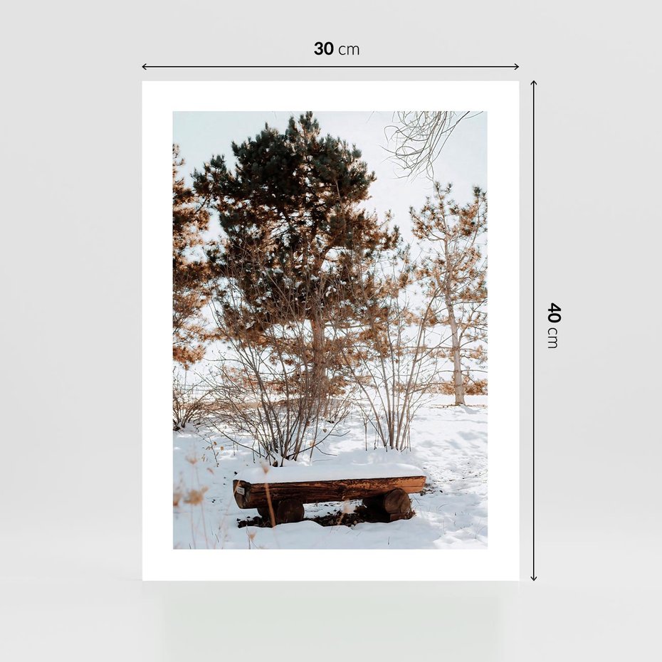 Plakat bez ramy 30x40 - Ławka Pod Śniegiem - zimowy pejzaż, ławka pod śniegiem