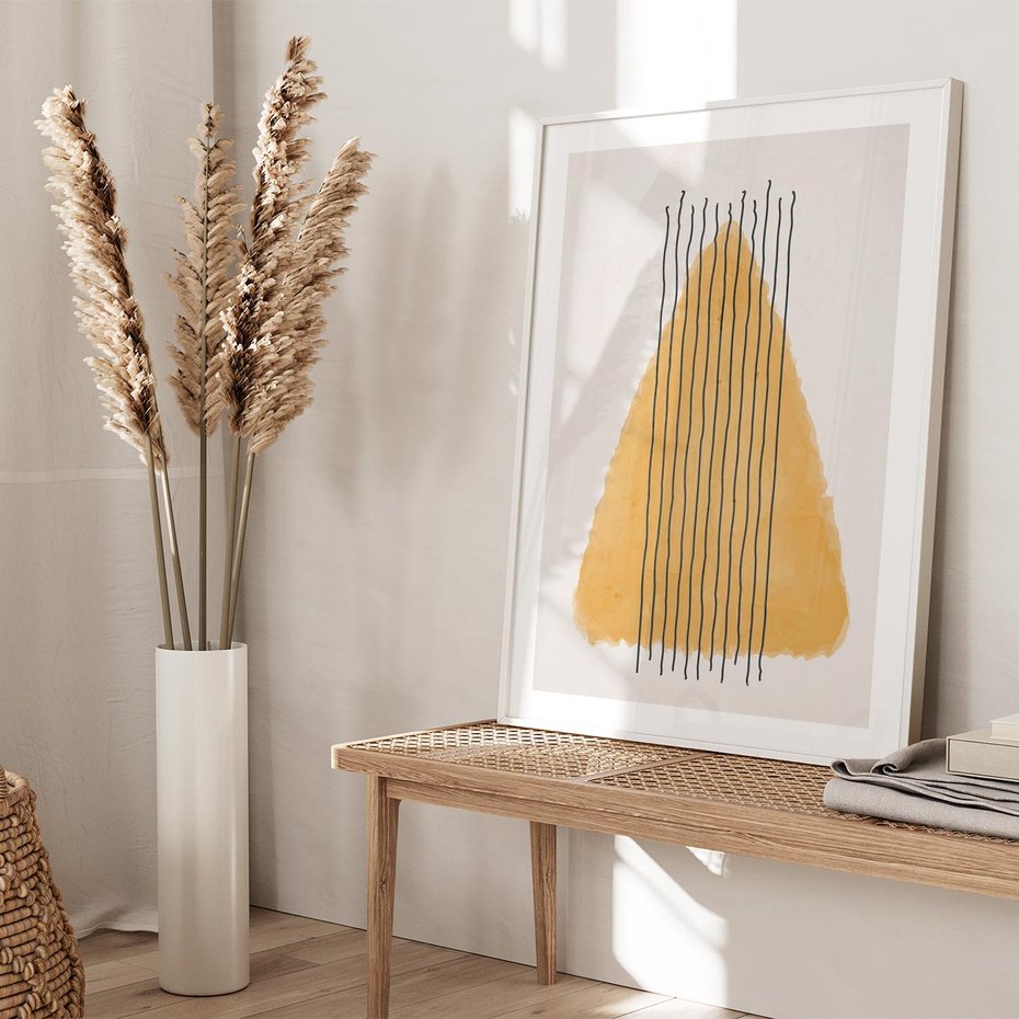 Plakat w ramie 50x70 - Migocące Impulsy - abstrakcyjna akwarelowa plama, nieregularne kreski - rama biała