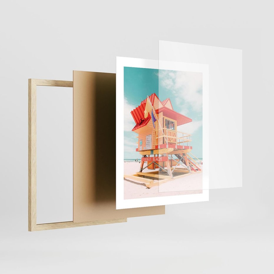 Plakat w ramie 40x50 - Rajski Widok - plaża miami, domek ratownika - rama drewno