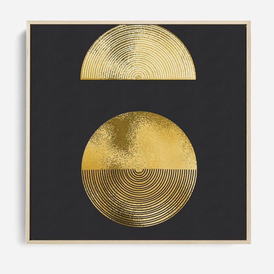 Obraz w ramie 50x50 - Migotliwe Przeniknięcia - złote koła, czarne tło - rama drewno