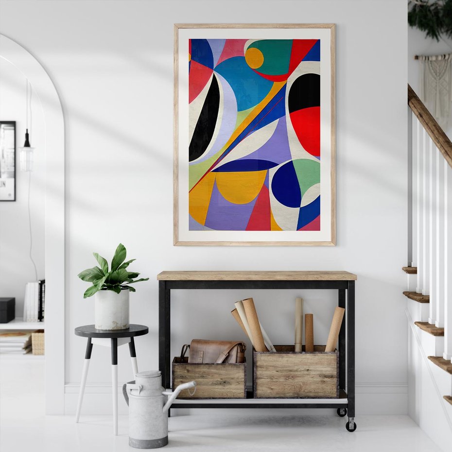Plakat w ramie 50x70 - Kolorowe Przesunięcia Kształtów - abstrakcyjny obraz olejny, żywe kolory - rama drewno