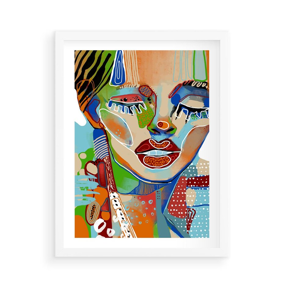 Plakat w ramie 50x70 - Kolorowe Formy - abstrakcyjny portret kobiety, twarz - rama biała