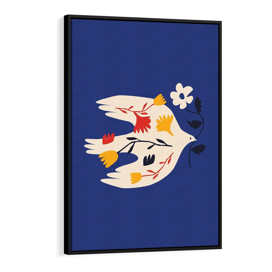 Obraz w ramie 50x70 - Bezczasowy Szept - niebieskie tło, abstrakcyjny biały ptak - rama czarna