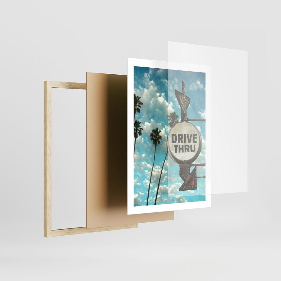 Plakat w ramie 50x70 - Znaki Palm: Relaksująca Oaza - znak, palmy - rama drewno