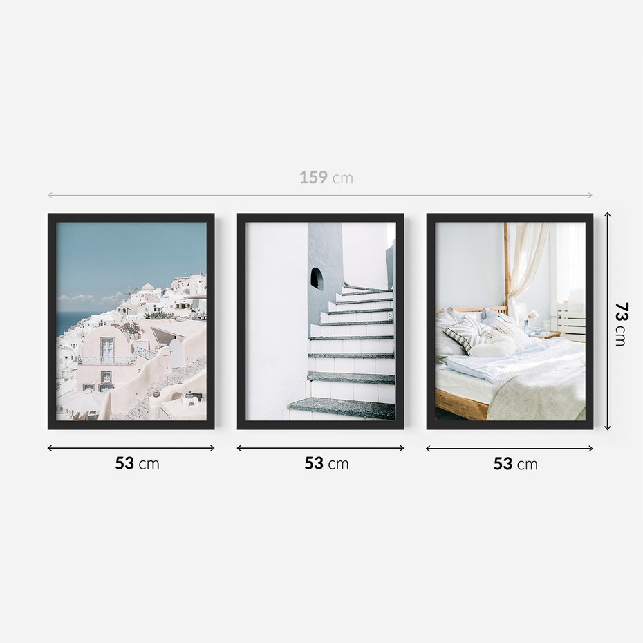 Zestaw obrazy w ramie 50x70 galeria - Santorini, wakacje, błękit - rama czarna