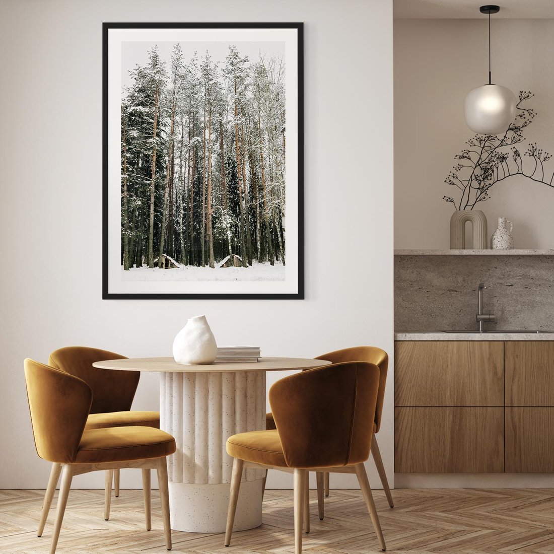 Plakat w ramie 50x70 - Sypiący Śnieg - las w zimie, drzewa pod śniegiem - rama czarna