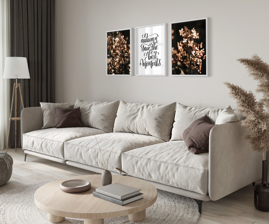 Zestaw obrazy w ramie 30x40 galeria - Hortensja, kwiaty, suche, cytat - rama biała