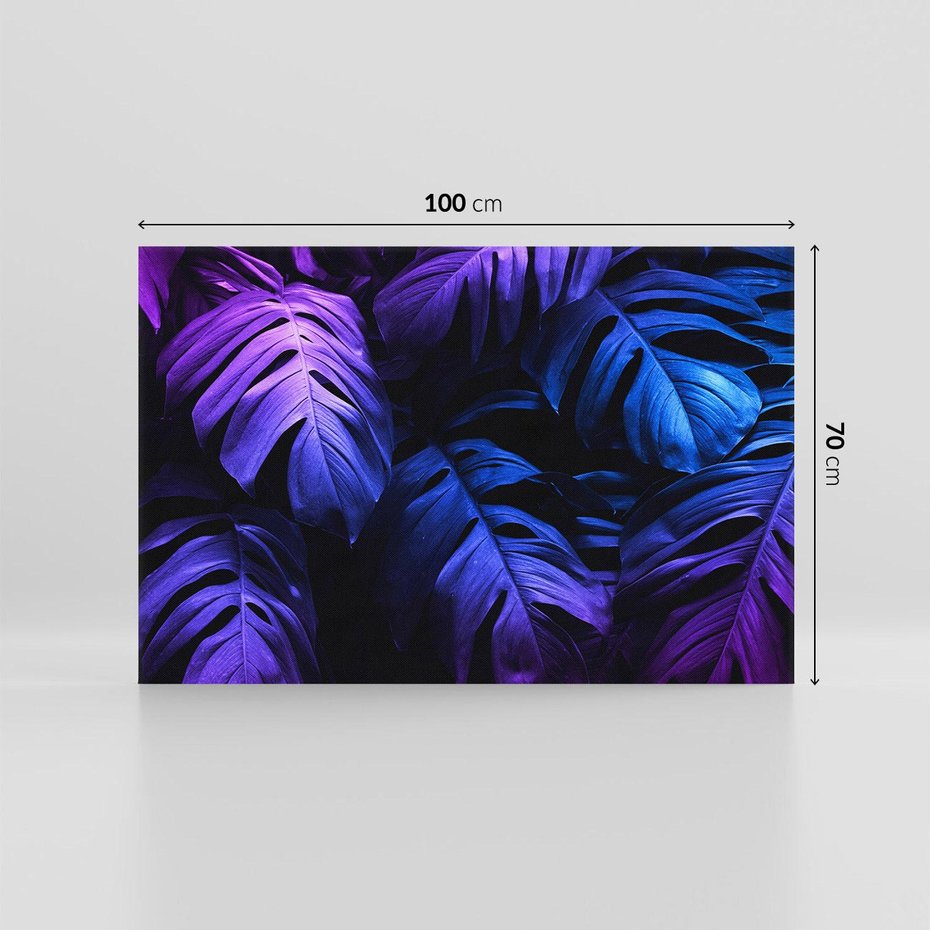 Obraz na płótnie 100x70 - Mroczna Magia Dżungli - mroczna grafika, fioletowe liście monstery na czarnym tle
