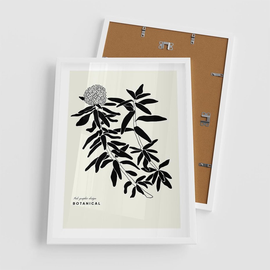 Plakat w ramie 50x70 - Szept kwiatowej wyobraźni - czarno biała grafika, roślinność - rama biała
