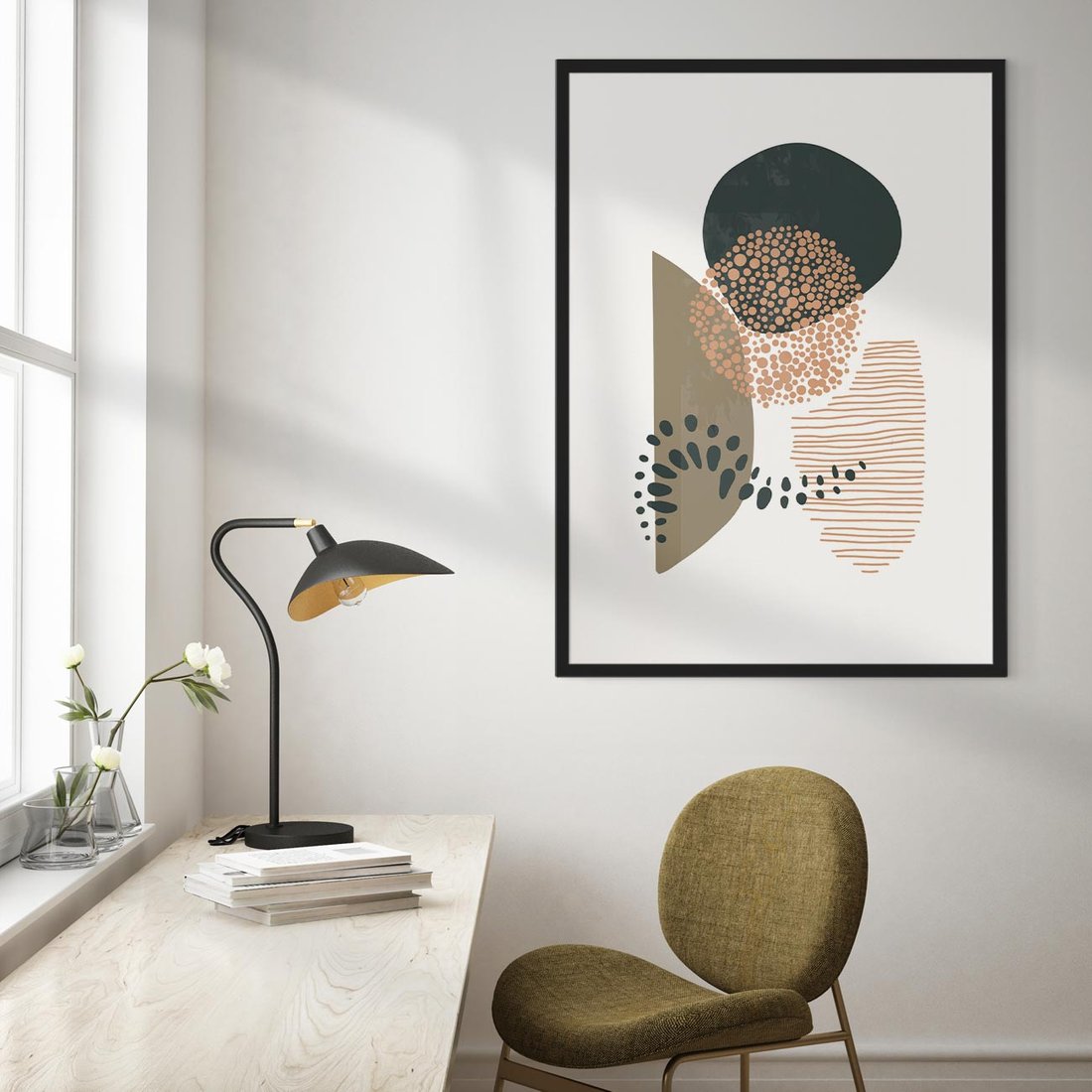 Plakat w ramie 50x70 - Harmonia Akwarelowych Przestrzeni - abstrakcyjna kompozycja z kropek kresek i kółek, odcienie brązu i beżu - rama czarna