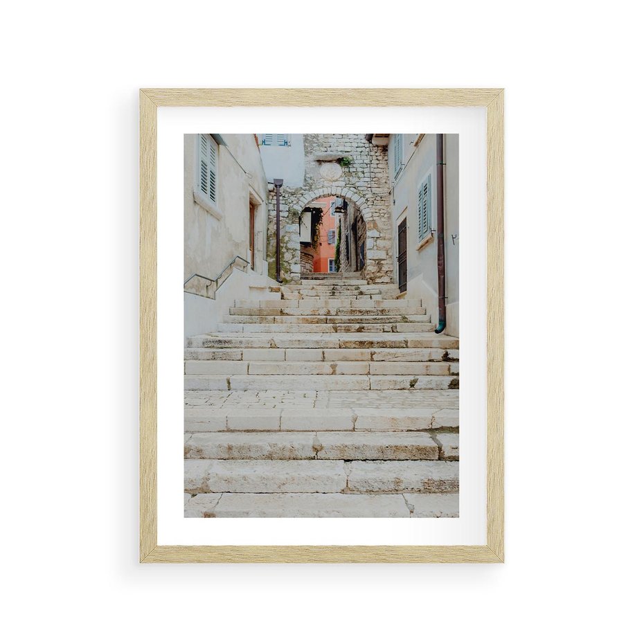 Plakat w ramie 30x40 - Schody we Włoskim Miasteczku - schody, śródziemnomorskie miasteczko - rama drewno