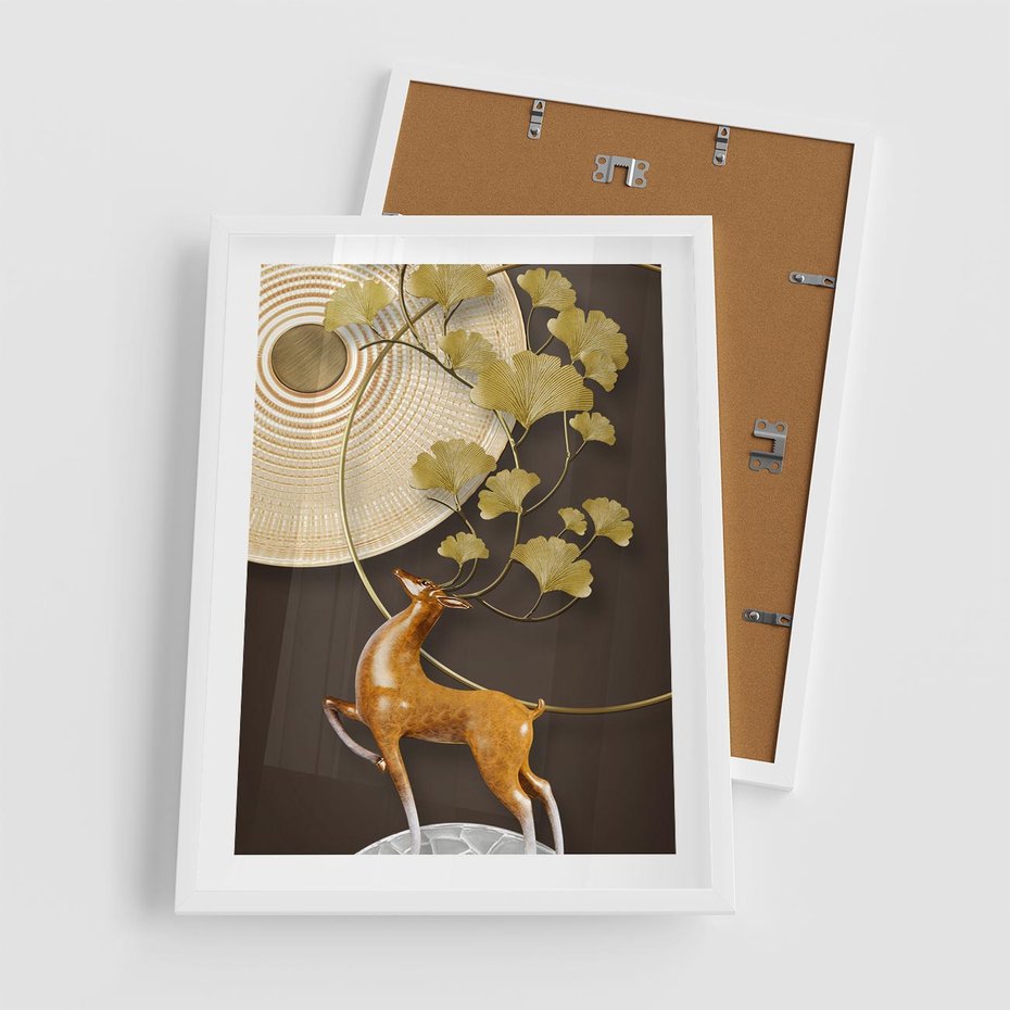 Plakat w ramie 50x70 - Elegancja i Tradycja - złote, liście - rama biała