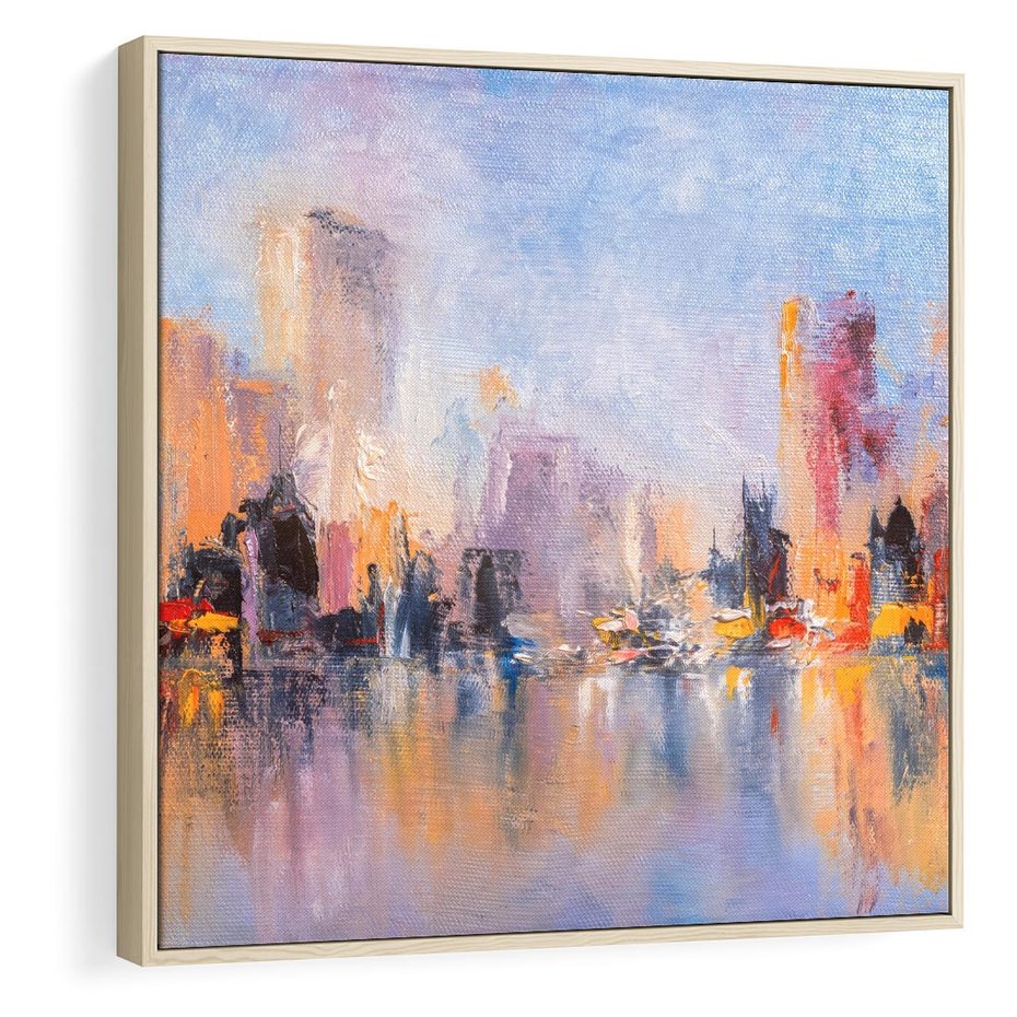 Obraz w ramie 50x50 - Miasto Refleksji - olejna panorama miasta w oddali, wiezowce odbijają się w rzece - rama drewno