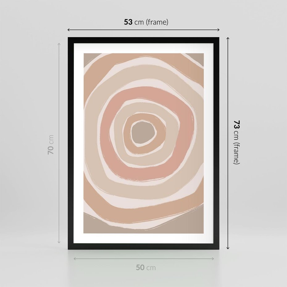 Plakat w ramie 50x70 - Roztopione Granice - abstakcyjne koła, delikatne odcienie beżu - rama czarna