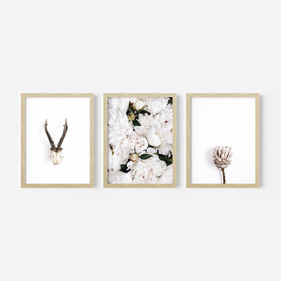 Zestaw obrazy w ramie 40x50 galeria - Kwiaty, boho, styl, minimalizm - rama drewno