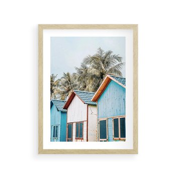 Plakat w ramie 40x50 - Rajskie Wakacje - domki na plaży, błękitne domki - rama drewno