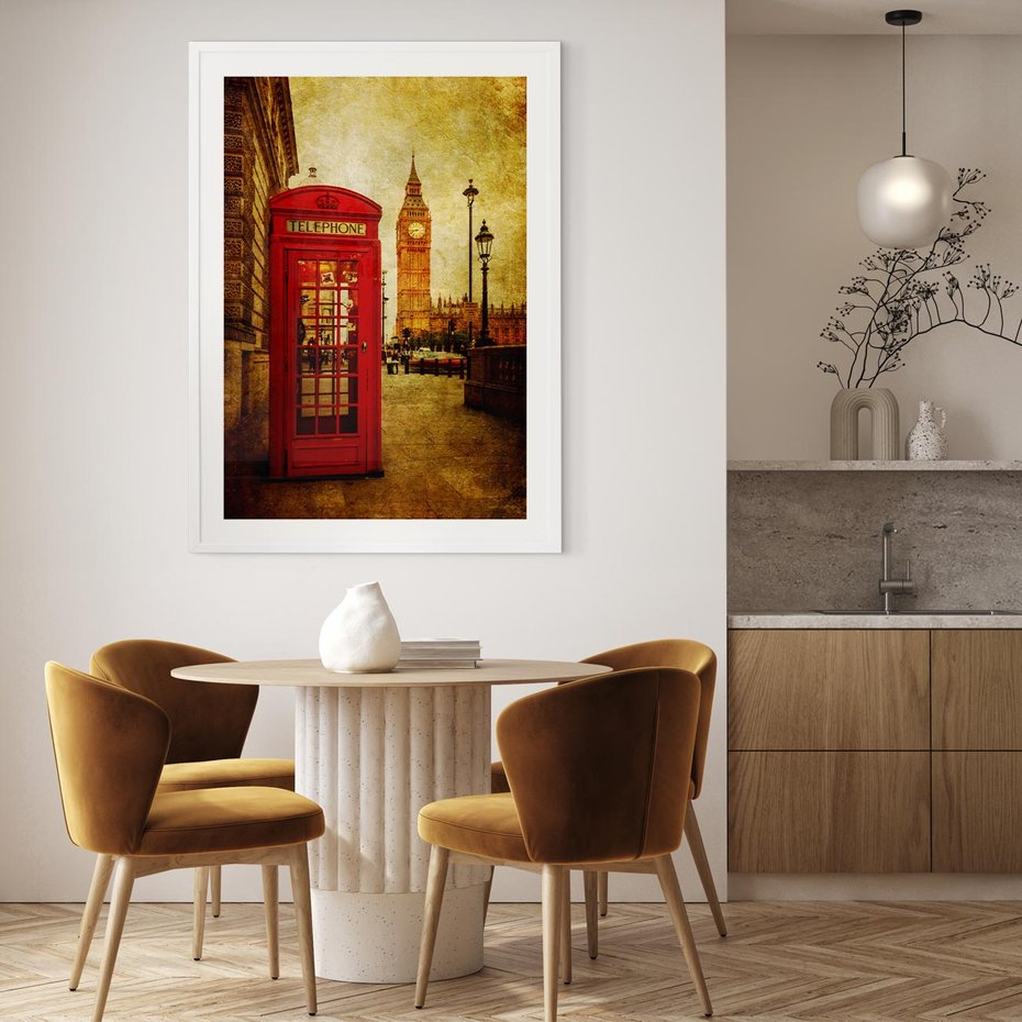 Plakat bez ramy 21x30 - Ikoniczna budka telefoniczna w Londynie - sepia, budka