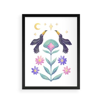 Plakat w ramie 30x40 - Przenikająca Dżungla - boho plakat, tukany - rama czarna