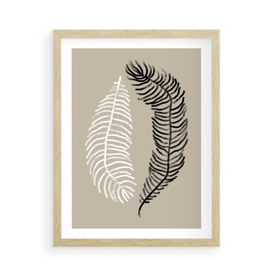 Plakat w ramie 50x70 - Spleciona Harmonia - sztuka nowoczesna, białe i czarne pióro - rama drewno