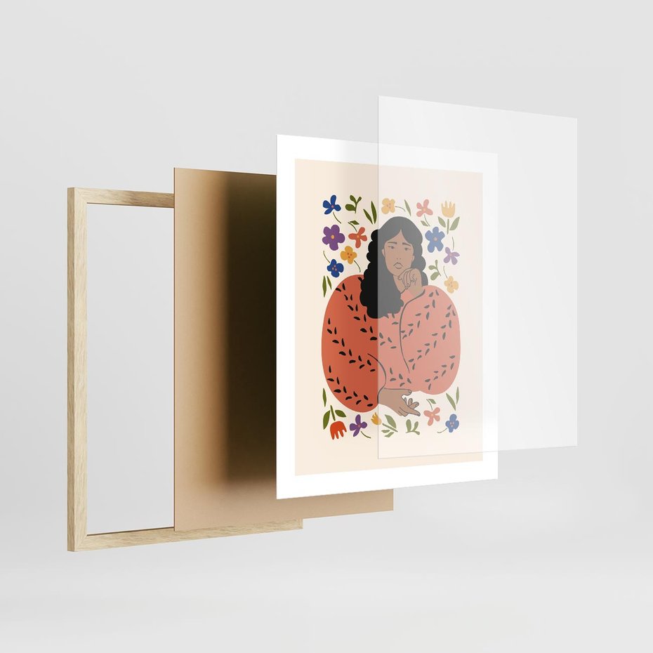 Plakat w ramie 40x50 - Rozplątane Emocje - nowoczesny plakat, kobieta otoczona kwiatami - rama drewno