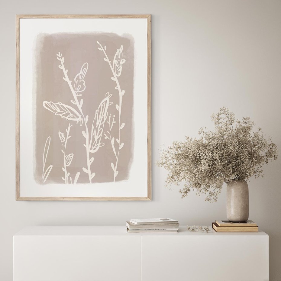Plakat w ramie 30x40 - Roślinne Przeniknięcia - nowoczesny subtelny plakat, beżowy - rama drewno