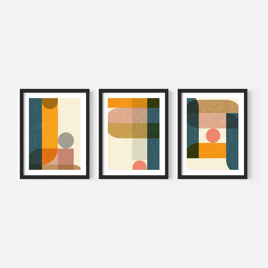 Zestaw obrazy w ramie 40x50 galeria - Retro, kolorowe, geometryczne - rama czarna