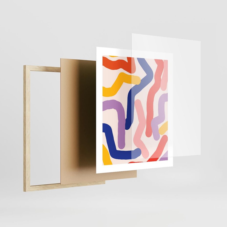Plakat w ramie 40x50 - Abstrakcyjne Dialogi - abstrakcyjny kolorowy obraz, kolorowe linie - rama drewno