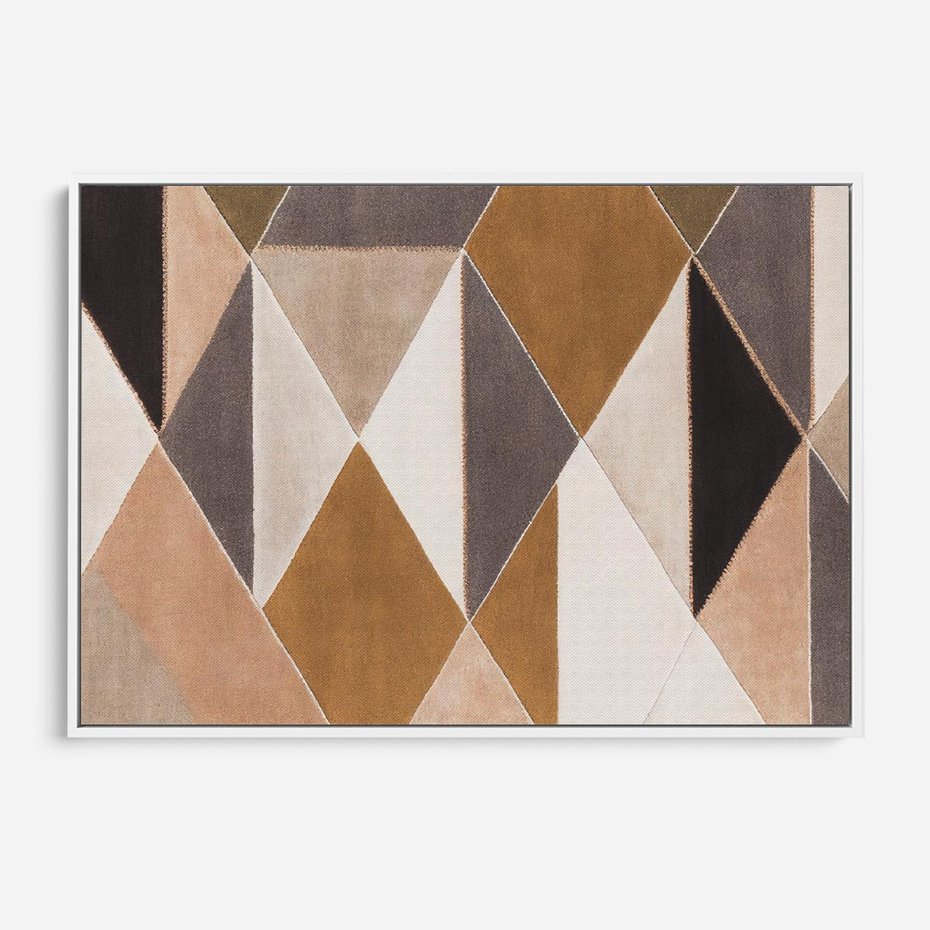 Obraz w ramie 100x70 - Odblaski niespełnionych marzeń - kompozycja z trójkątów, mix kolorów ziemi - rama biała