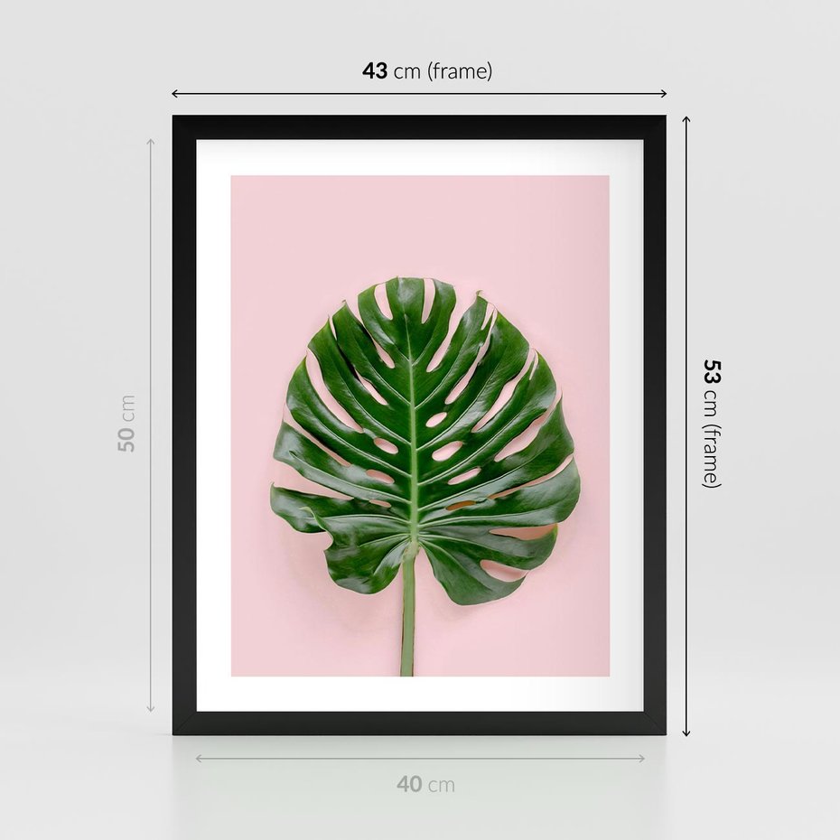 Plakat w ramie 40x50 - Monstera w Różowym Świetle - liść monstery, różowe tło - rama czarna