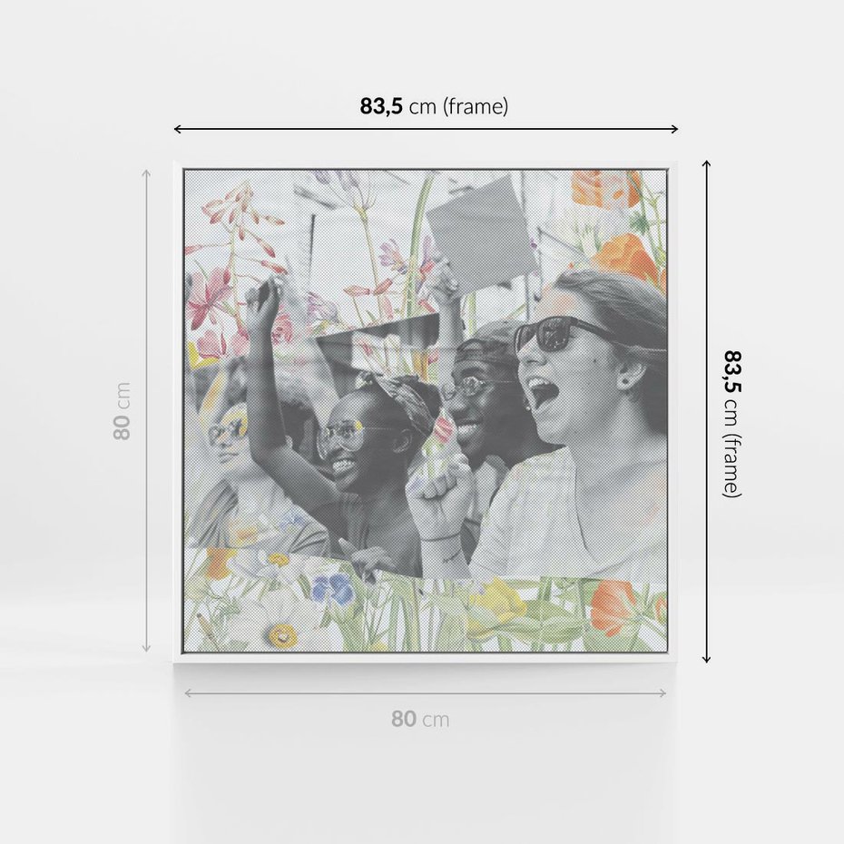 Obraz w ramie 80x80 - Księga zaklętych marzeń - kolaż, czarnobiałe zdjęcie wesołych młodych ludzi - rama biała